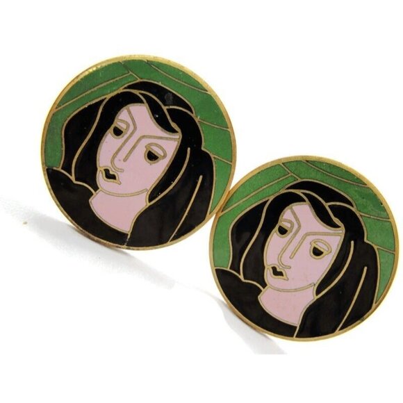 Vintage Cufflinks Enamel Woman Face Round Gold Tone Signed Pat Pend Black Hair - Picture 1 of 8
